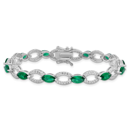 Sterling Silver Rhodium-Plated White and Green CZ Link Bracelet
