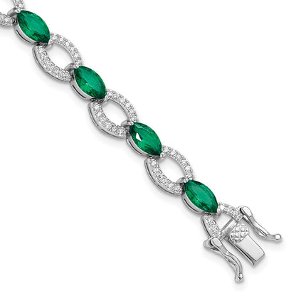 Sterling Silver Rhodium-Plated White and Green CZ Link Bracelet