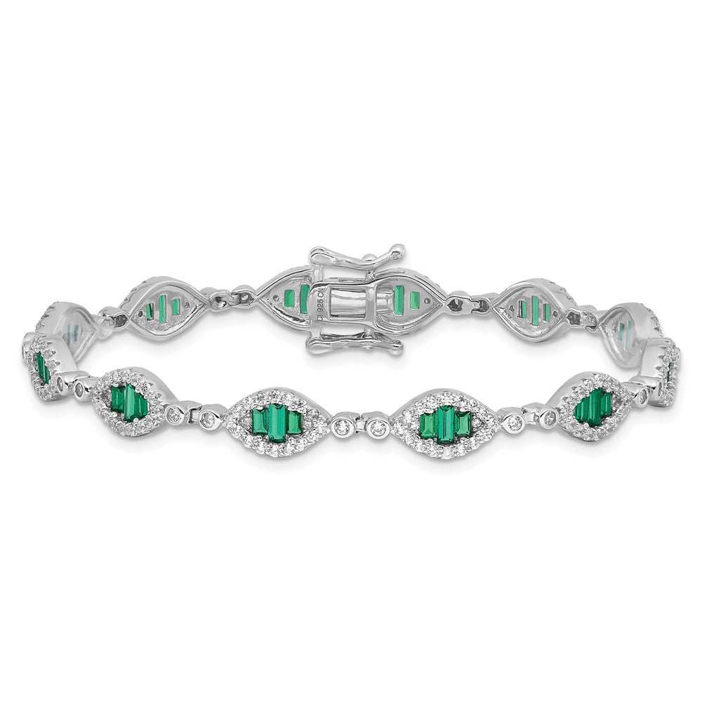 Sterling Silver Rhodium-Plated White and Green CZ Link Bracelet