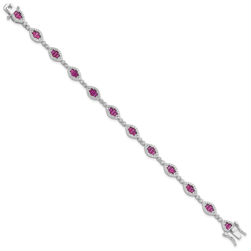 Sterling Silver Rhodium-Plated White and Red CZ Link Bracelet