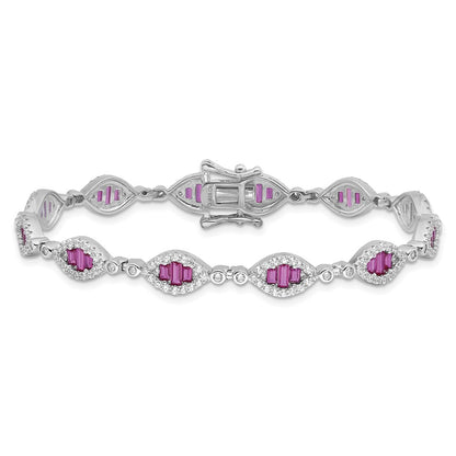 Sterling Silver Rhodium-Plated White and Red CZ Link Bracelet