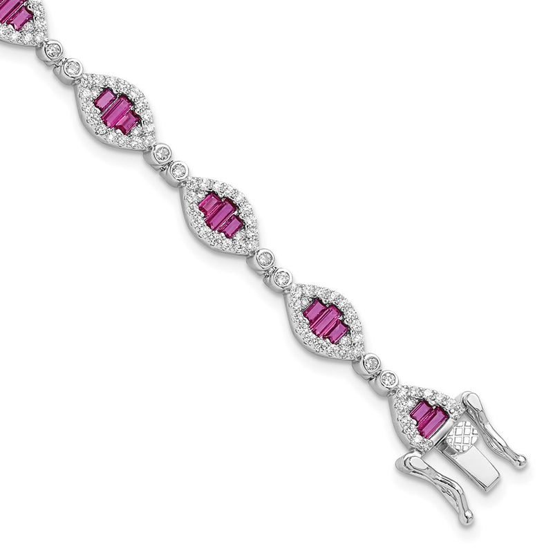 Sterling Silver Rhodium-Plated White and Red CZ Link Bracelet