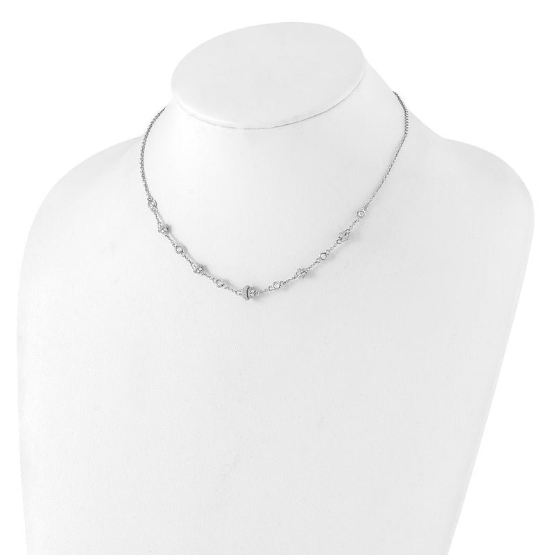 Sterling Silver Rhodium-Plated Fancy 16in w/2in Ext CZ Necklace