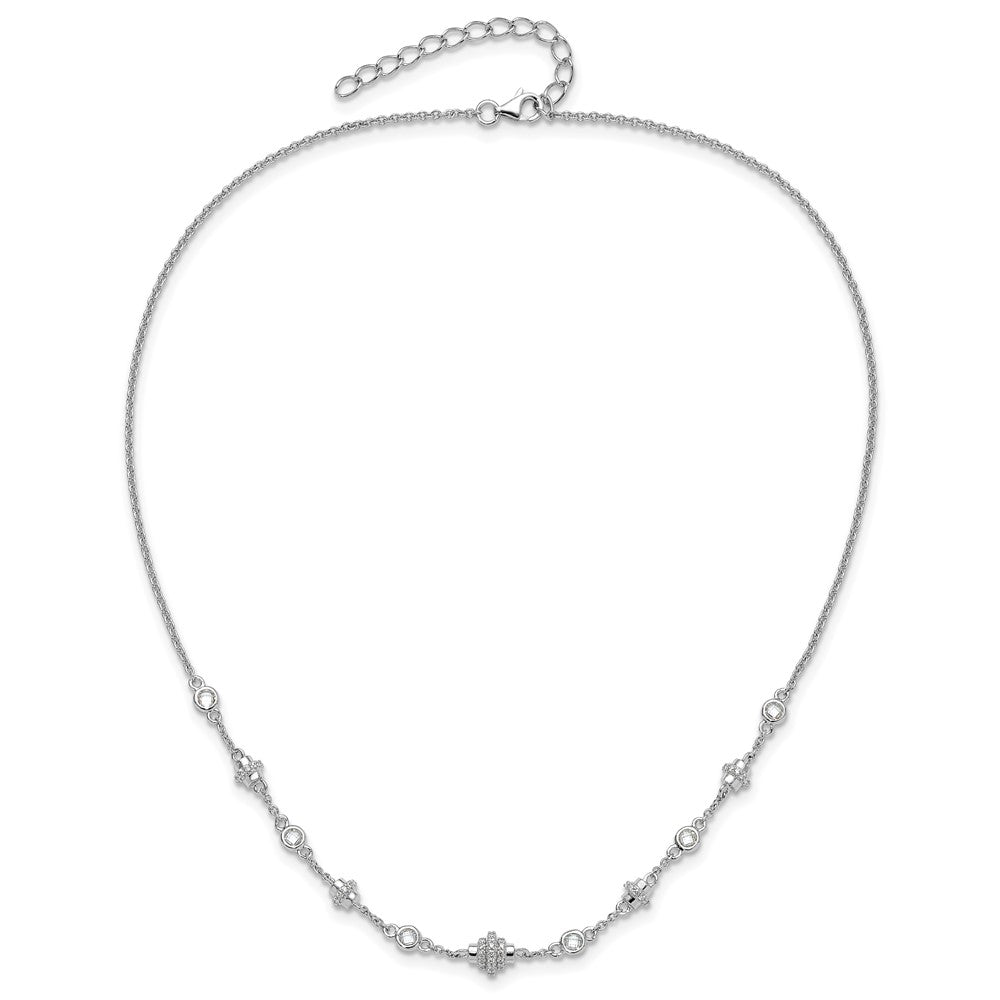 Sterling Silver Rhodium-Plated Fancy 16in w/2in Ext CZ Necklace