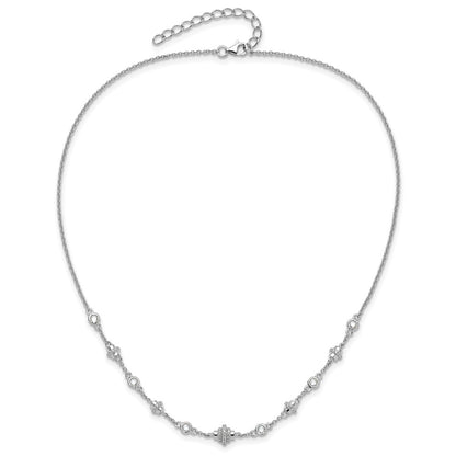 Sterling Silver Rhodium-Plated Fancy 16in w/2in Ext CZ Necklace