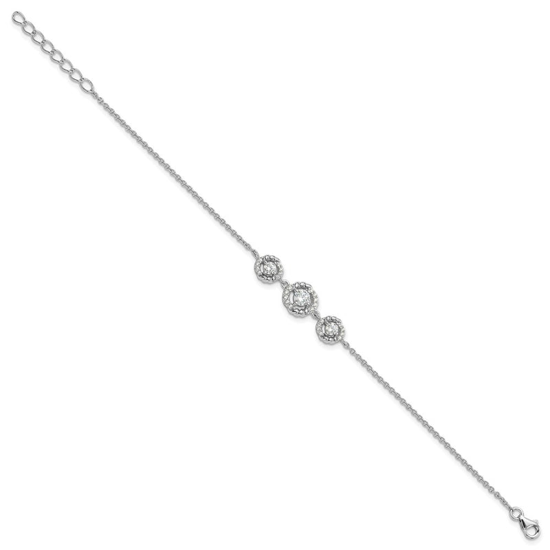 Fire Sterling Silver Rhodium Plated Fancy CZ 7in w/1in Ext Bracelet
