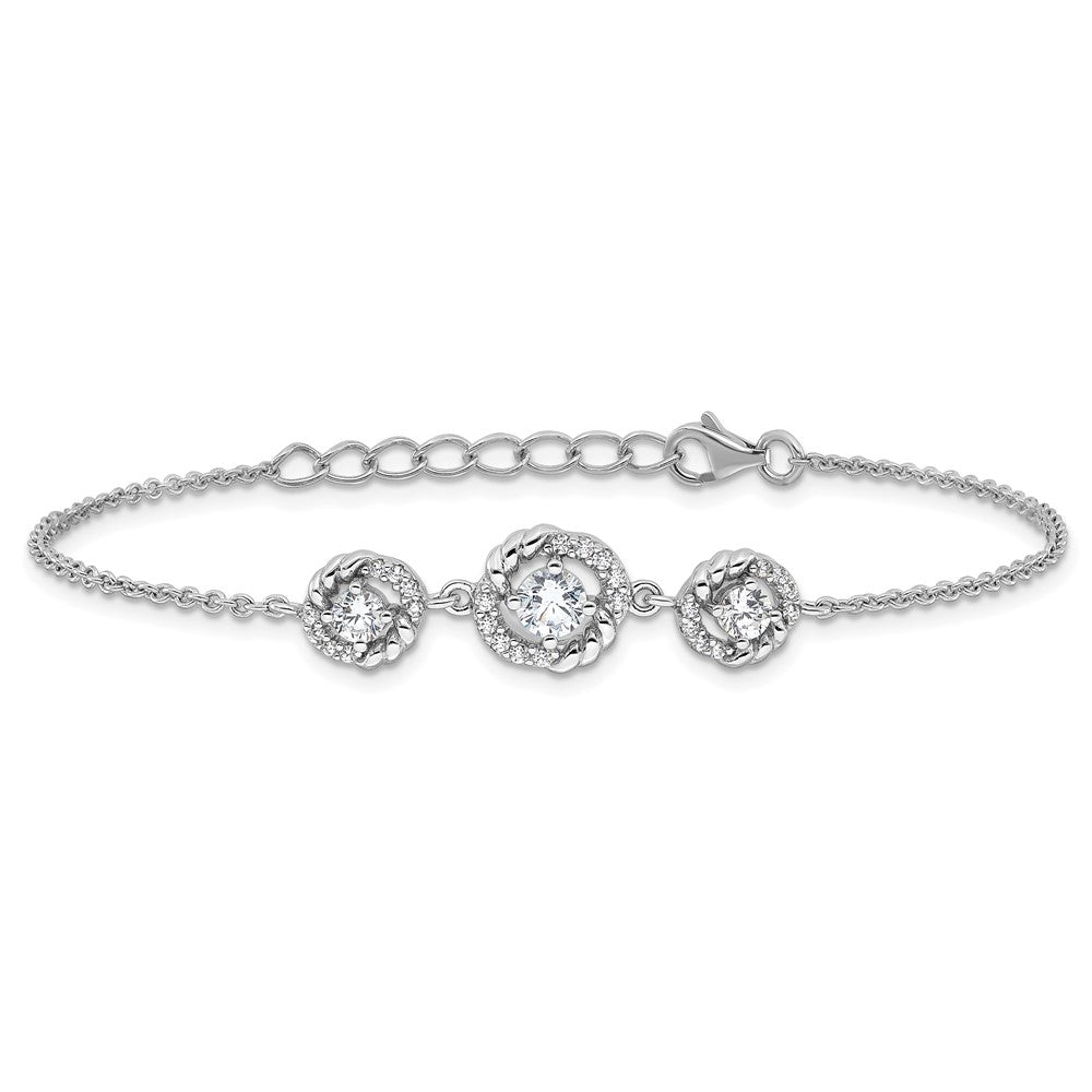 Fire Sterling Silver Rhodium Plated Fancy CZ 7in w/1in Ext Bracelet