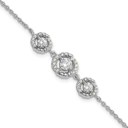 Fire Sterling Silver Rhodium Plated Fancy CZ 7in w/1in Ext Bracelet