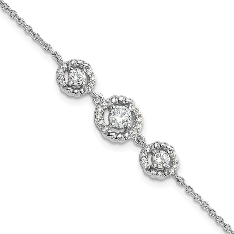 Fire Sterling Silver Rhodium Plated Fancy CZ 7in w/1in Ext Bracelet