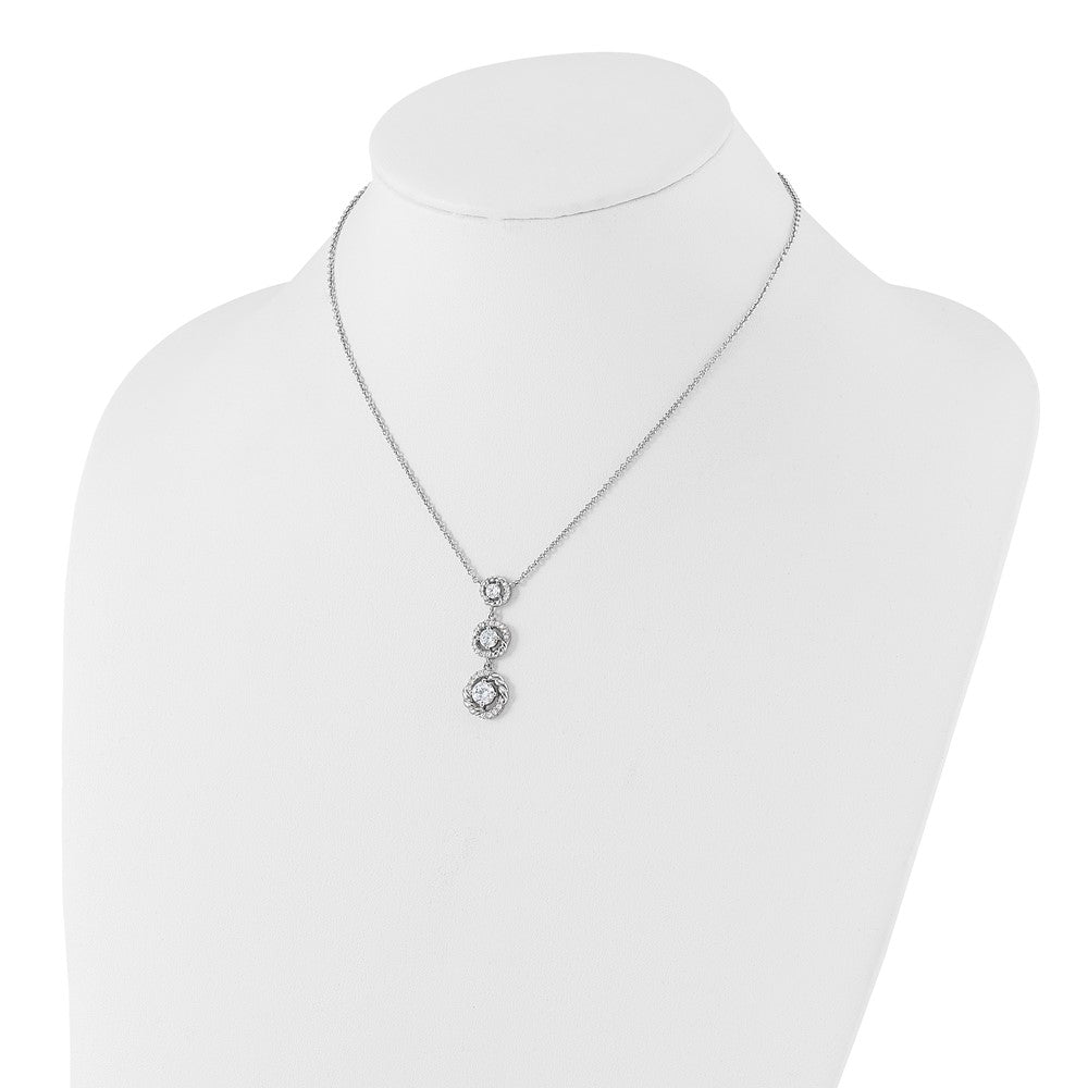Fire Sterling Silver Rhodium Plated Fancy 16in w/2in Ext CZ Dangle Neckla