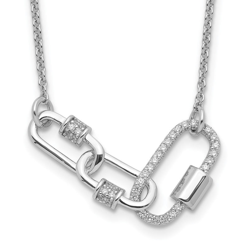 Sterling Silver Rhodium-Plated Fancy Link CZ 16in w/1in Ext Necklace