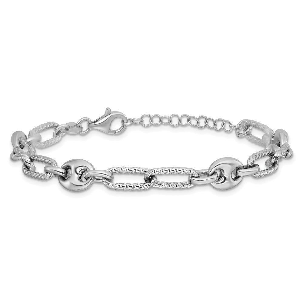 Sterling Silver Rhodium-Plated 7 w/1in Ext Fancy Link Bracelet