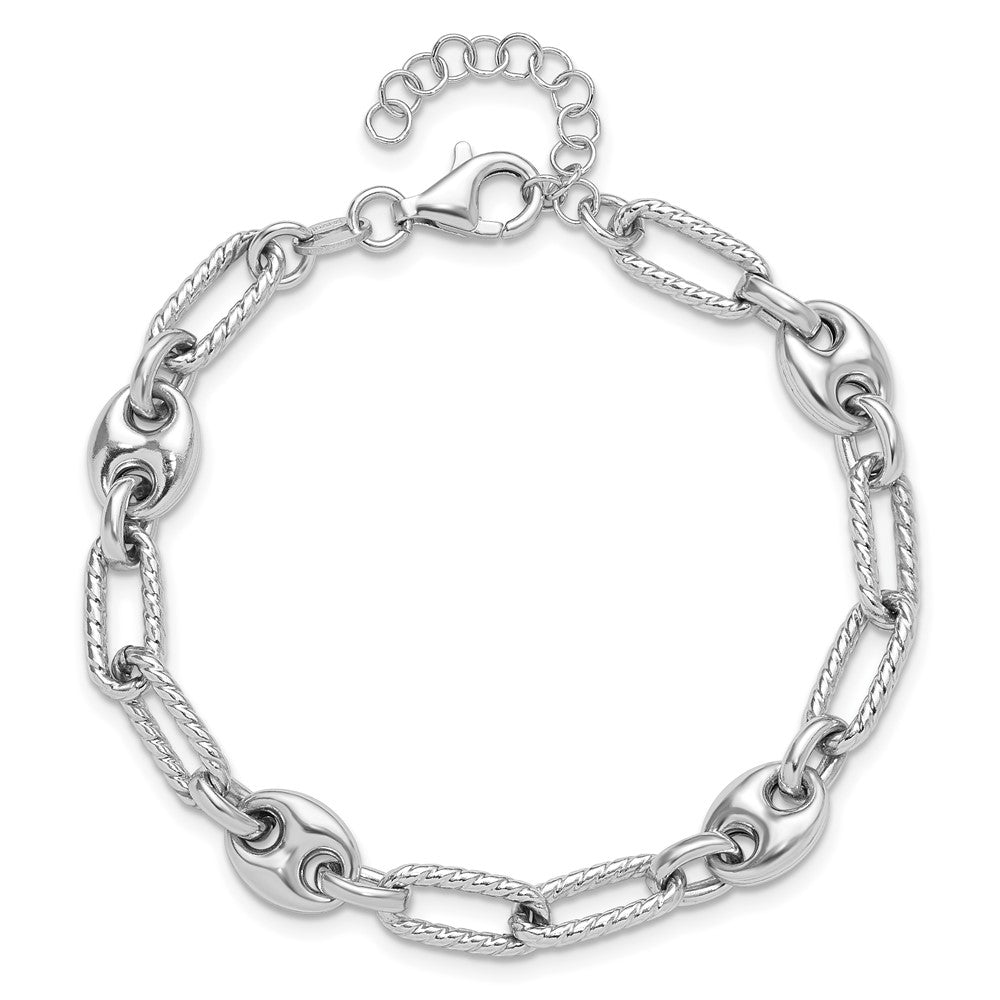 Sterling Silver Rhodium-Plated 7 w/1in Ext Fancy Link Bracelet