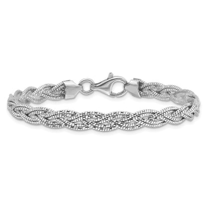 Sterling Silver Polished Rhodium-Plated Diamond-Cut Braided Bracelet