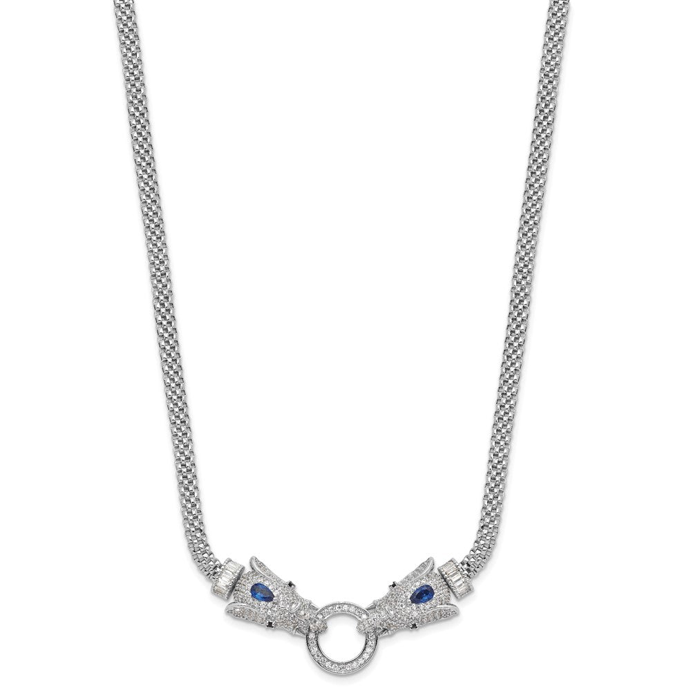 Sterling Silver Rhodium-Plated Blue and Clear CZ Elephant Head Necklace