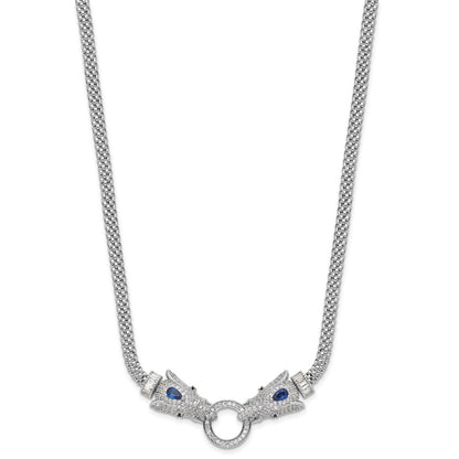 Sterling Silver Rhodium-Plated Blue and Clear CZ Elephant Head Necklace