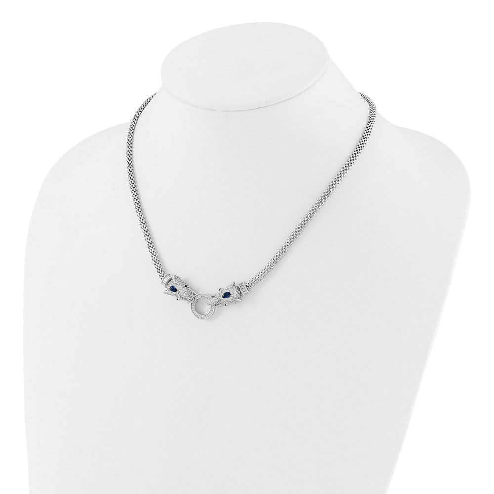 Sterling Silver Rhodium-Plated Blue and Clear CZ Elephant Head Necklace
