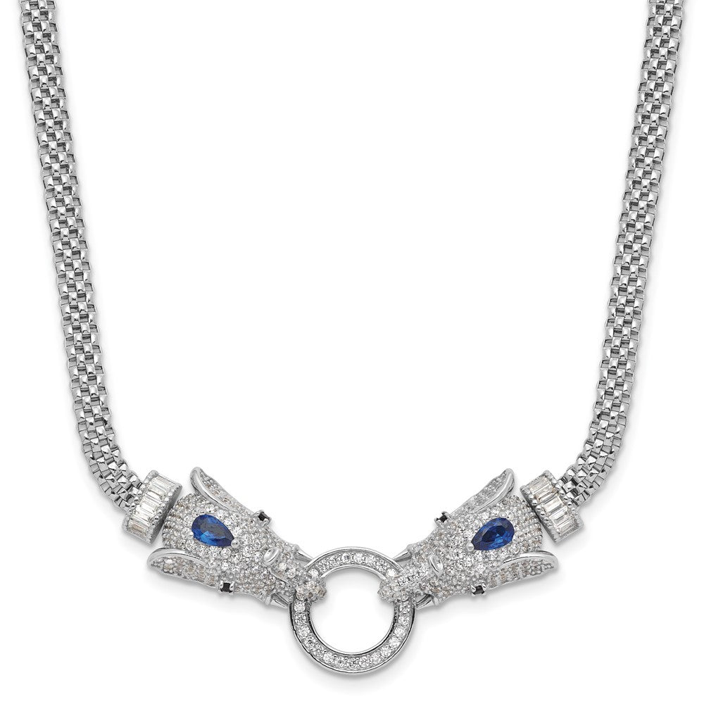 Sterling Silver Rhodium-Plated Blue and Clear CZ Elephant Head Necklace