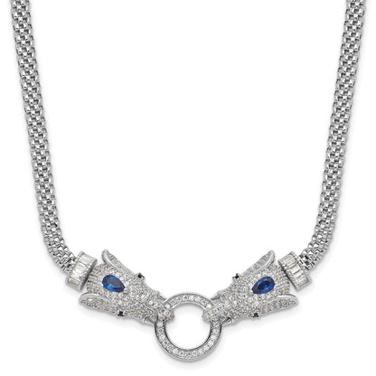 Sterling Silver Rhodium-Plated Blue and Clear CZ Elephant Head Necklace