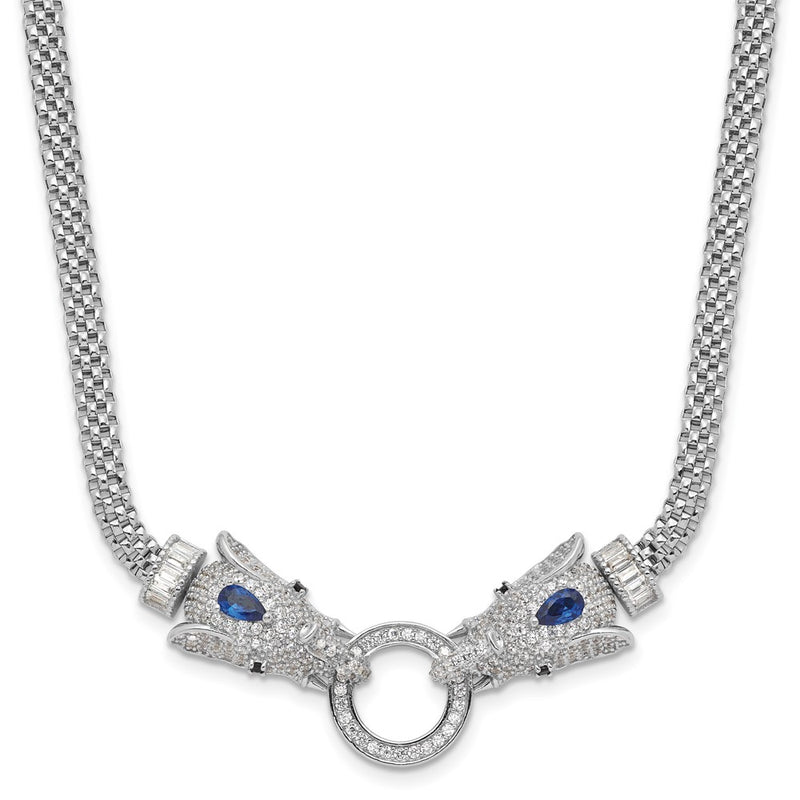 Sterling Silver Rhodium-Plated Blue and Clear CZ Elephant Head Necklace