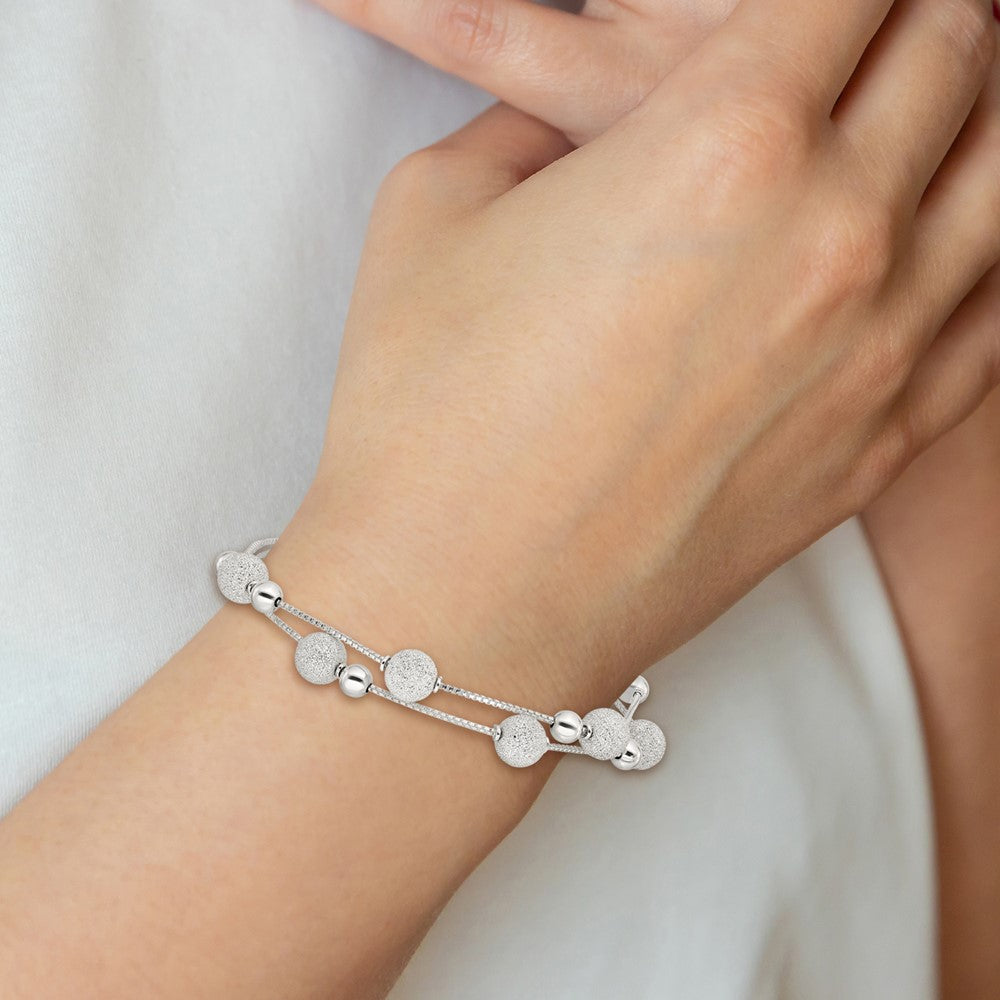 Sterling Silver Polish & Laser Beaded 2 Strand 7in w/1in Ext Bracelet