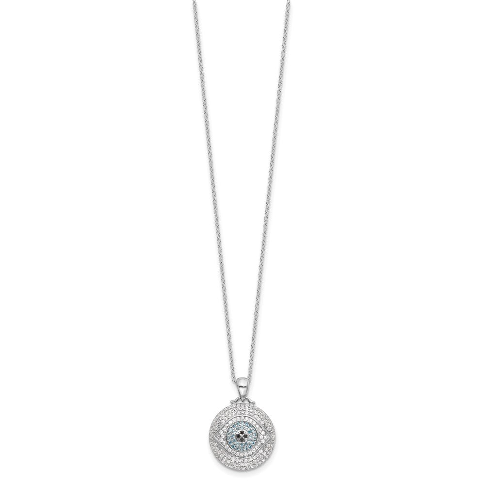 Sterling Silver Rhodium Plated Created Blue Spinel and CZ Evil Eye 18in Necklace