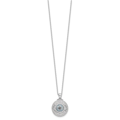 Sterling Silver Rhodium Plated Created Blue Spinel and CZ Evil Eye 18in Necklace