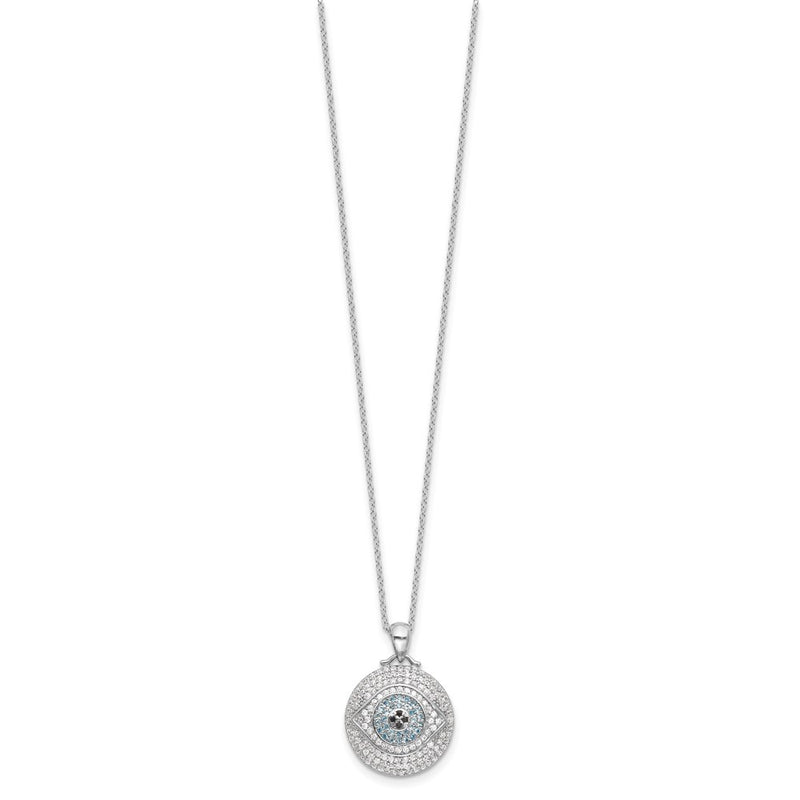 Sterling Silver Rhodium Plated Created Blue Spinel and CZ Evil Eye 18in Necklace