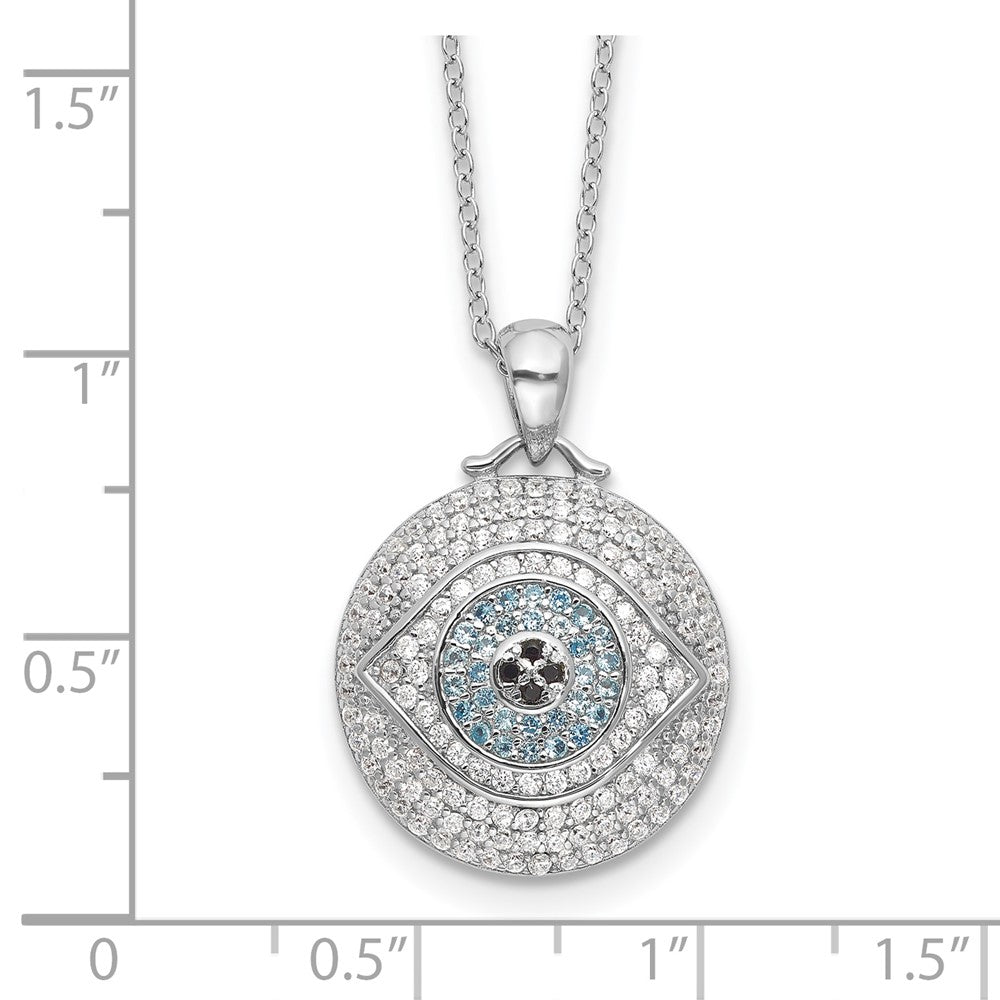 Sterling Silver Rhodium Plated Created Blue Spinel and CZ Evil Eye 18in Necklace