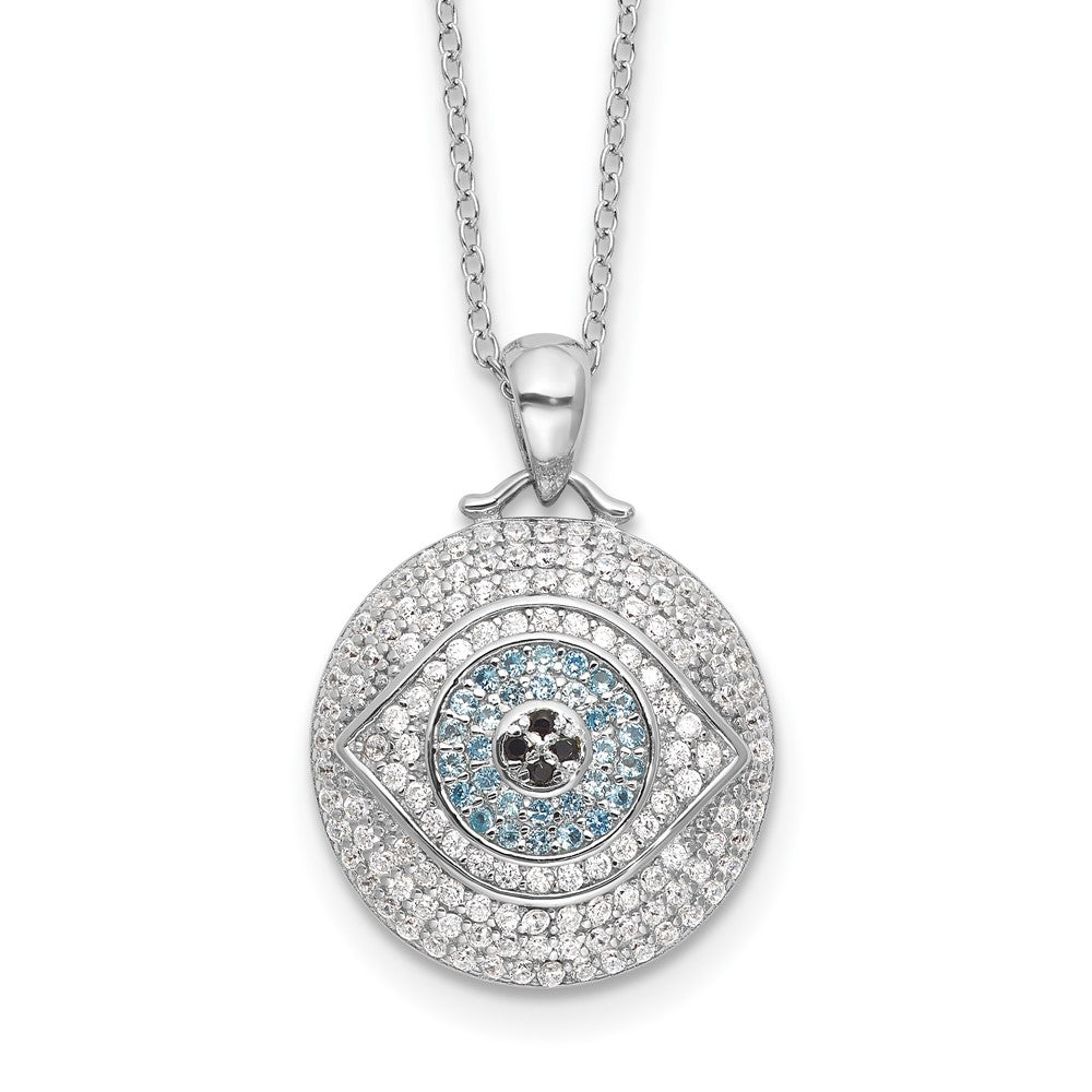 Sterling Silver Rhodium Plated Created Blue Spinel and CZ Evil Eye 18in Necklace