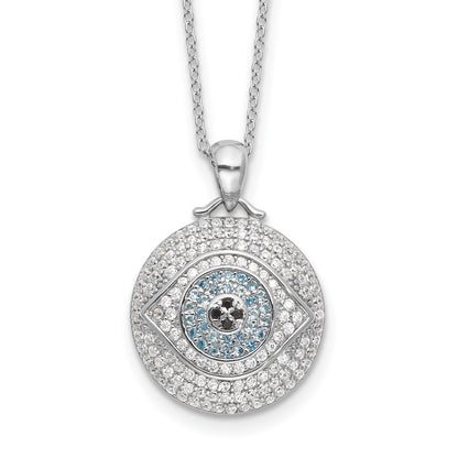 Sterling Silver Rhodium Plated Created Blue Spinel and CZ Evil Eye 18in Necklace
