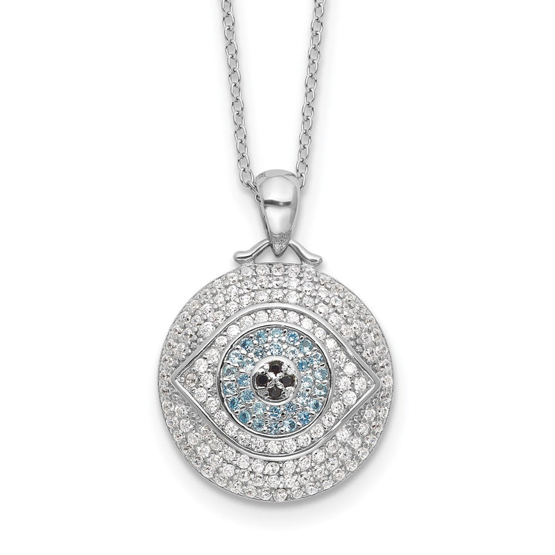 Sterling Silver Rhodium Plated Created Blue Spinel and CZ Evil Eye 18in Necklace