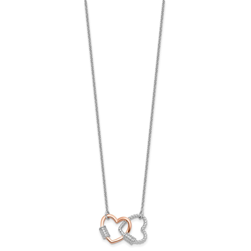 Sterling Silver Rhodium Plated Rose-Tone Double Heart CZ w/2in Ext Necklace