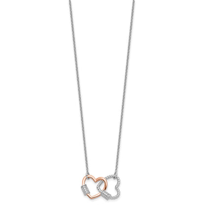 Sterling Silver Rhodium Plated Rose-Tone Double Heart CZ w/2in Ext Necklace