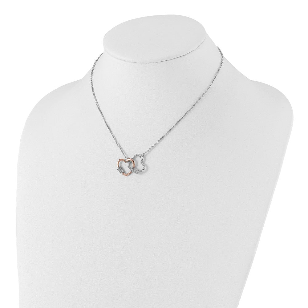 Sterling Silver Rhodium Plated Rose-Tone Double Heart CZ w/2in Ext Necklace