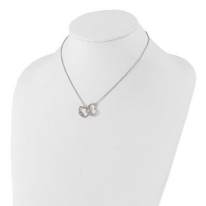 Sterling Silver Rhodium Plated Rose-Tone Double Heart CZ w/2in Ext Necklace