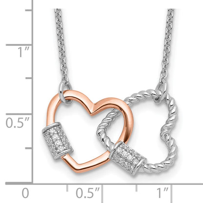 Sterling Silver Rhodium Plated Rose-Tone Double Heart CZ w/2in Ext Necklace