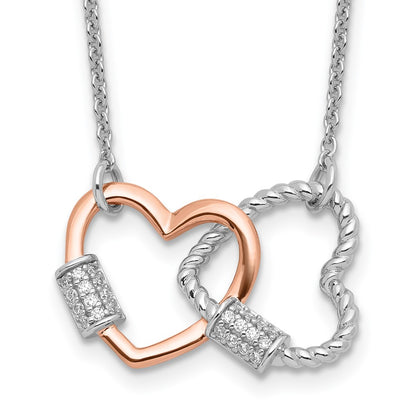 Sterling Silver Rhodium Plated Rose-Tone Double Heart CZ w/2in Ext Necklace