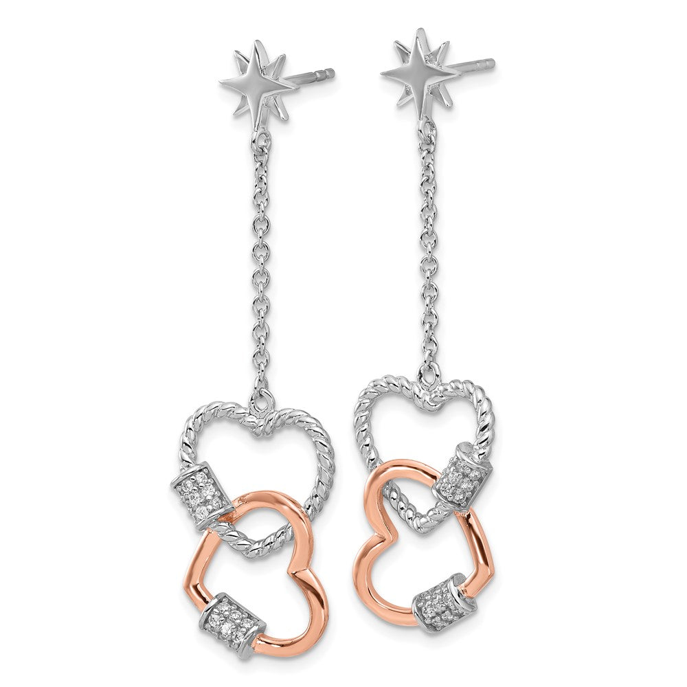 Fire Sterling Silver Rhodium Plated Rose-Tone CZ Hearts Dangle Post Earri