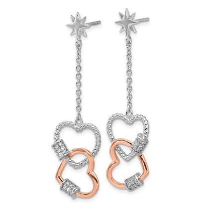 Fire Sterling Silver Rhodium Plated Rose-Tone CZ Hearts Dangle Post Earri