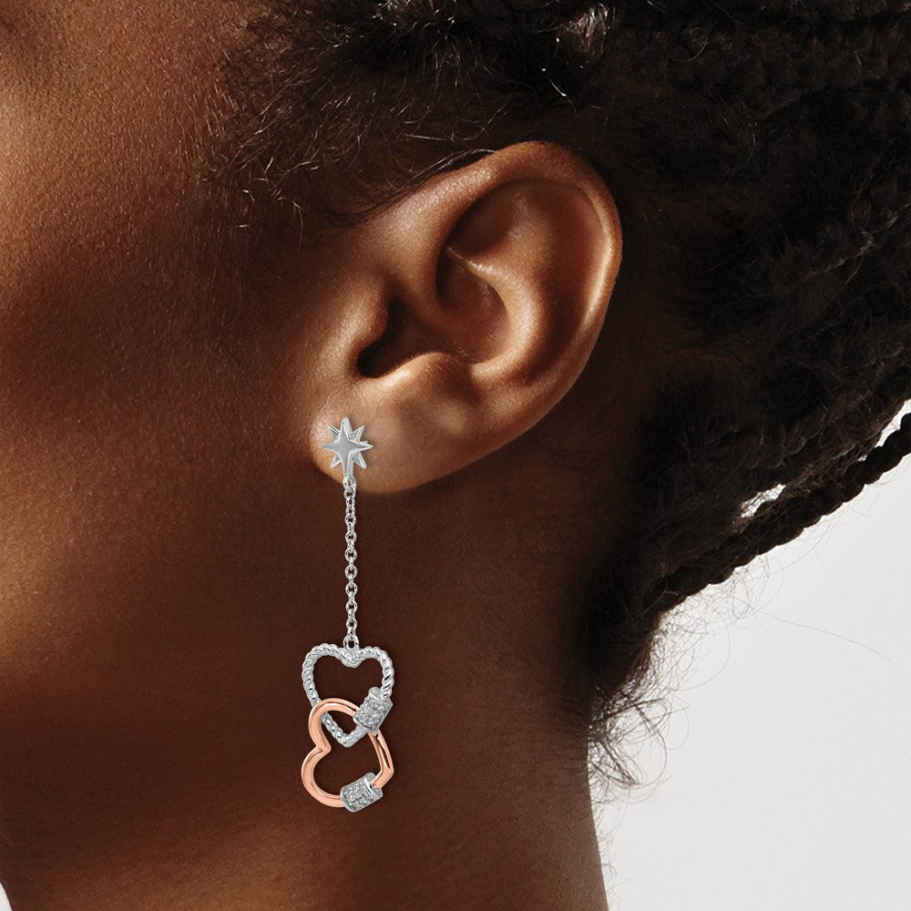Fire Sterling Silver Rhodium Plated Rose-Tone CZ Hearts Dangle Post Earri