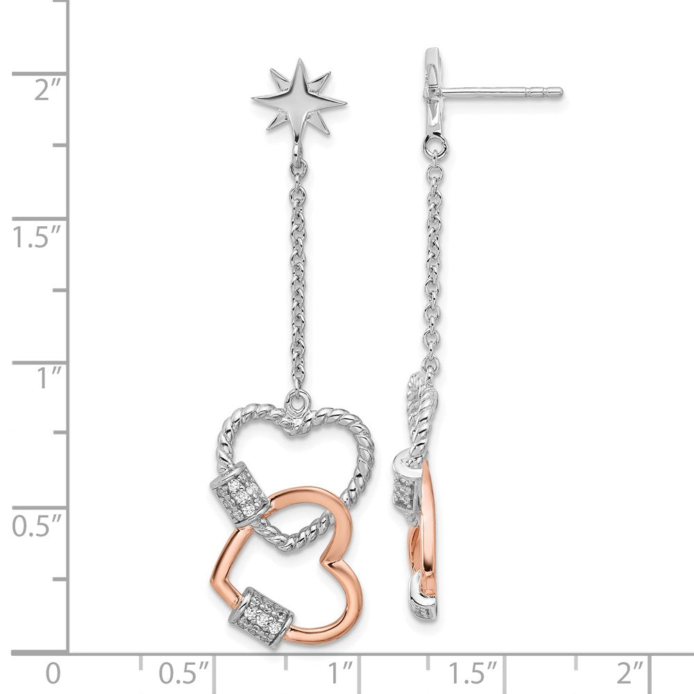 Fire Sterling Silver Rhodium Plated Rose-Tone CZ Hearts Dangle Post Earri