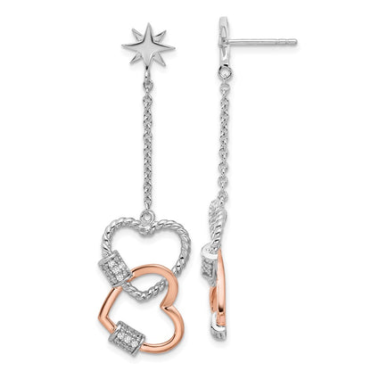 Fire Sterling Silver Rhodium Plated Rose-Tone CZ Hearts Dangle Post Earri