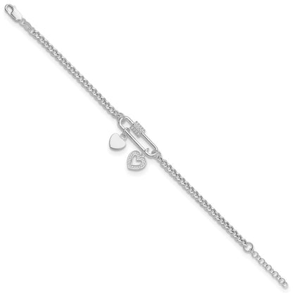 Sterling Silver Rhodium Plated CZ Heart Moveable 7in W/ 1in Ext Bracelet