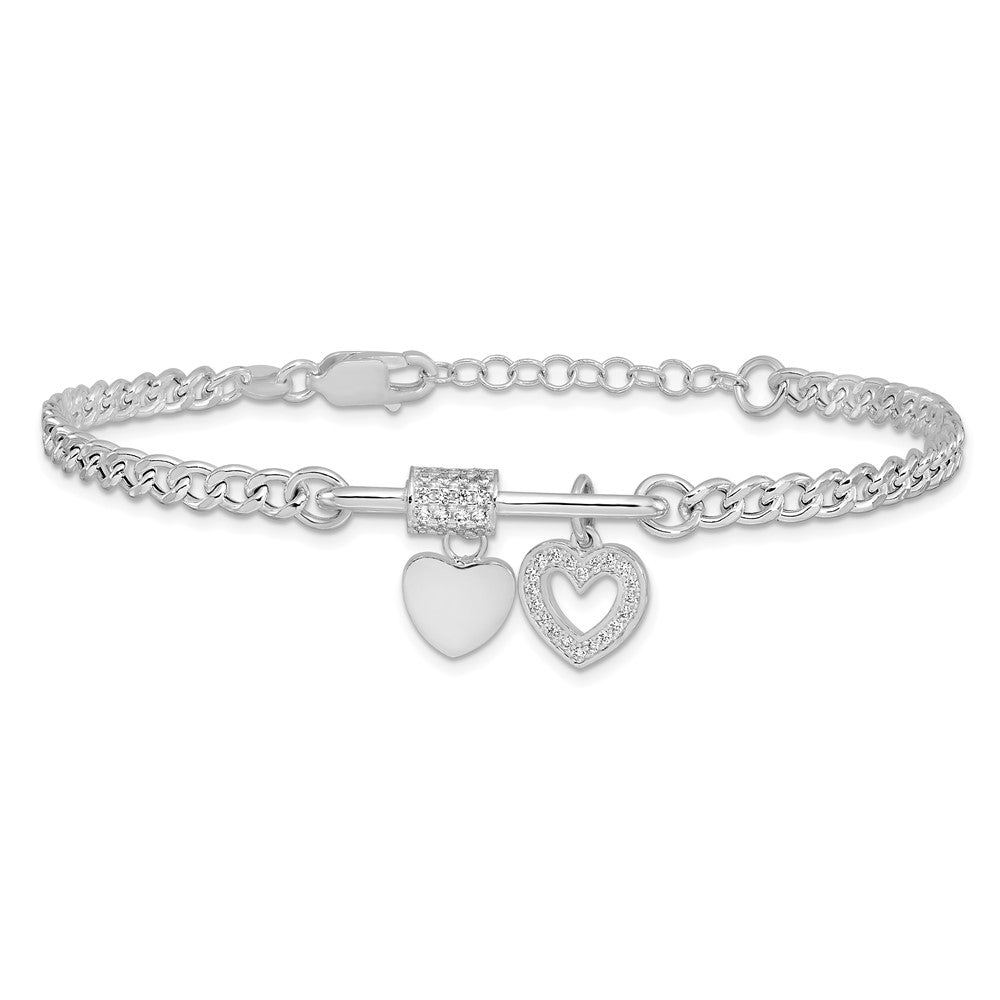 Sterling Silver Rhodium Plated CZ Heart Moveable 7in W/ 1in Ext Bracelet