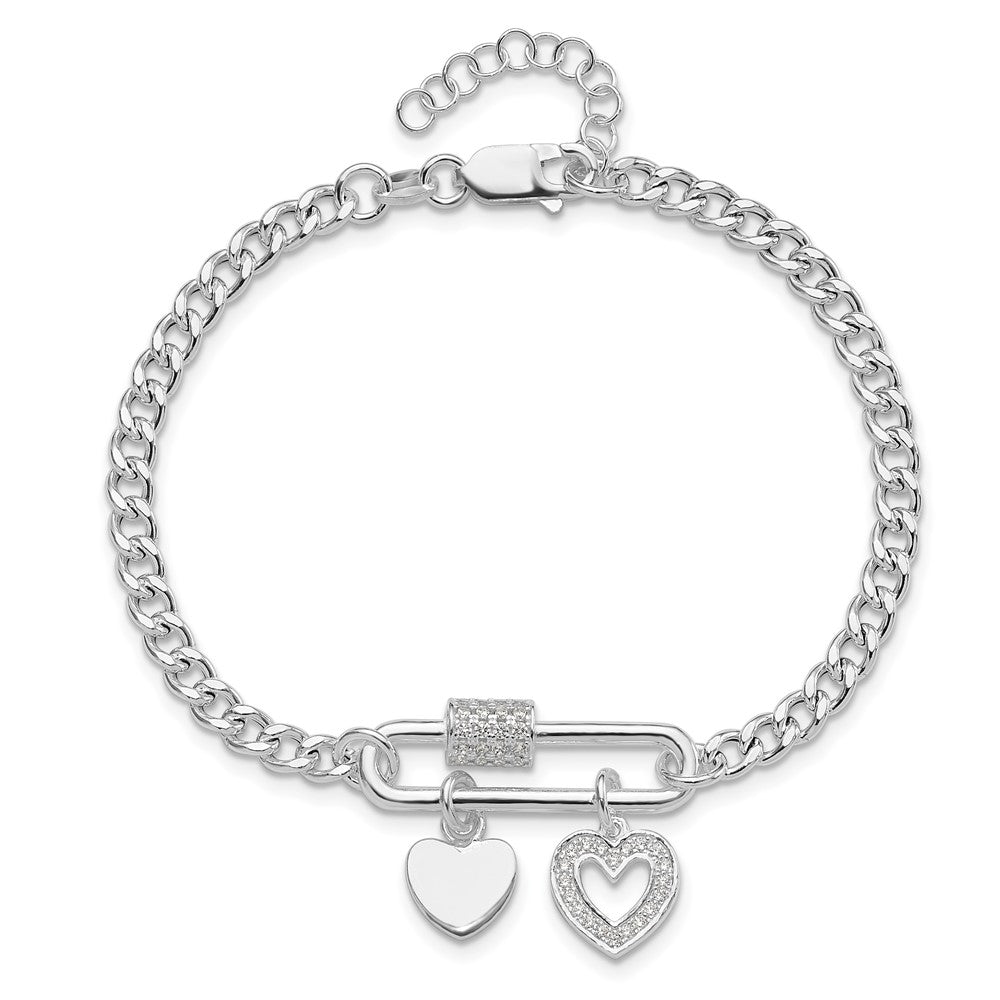 Sterling Silver Rhodium Plated CZ Heart Moveable 7in W/ 1in Ext Bracelet