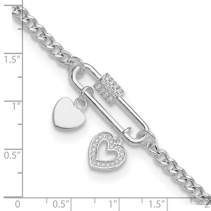 Sterling Silver Rhodium Plated CZ Heart Moveable 7in W/ 1in Ext Bracelet