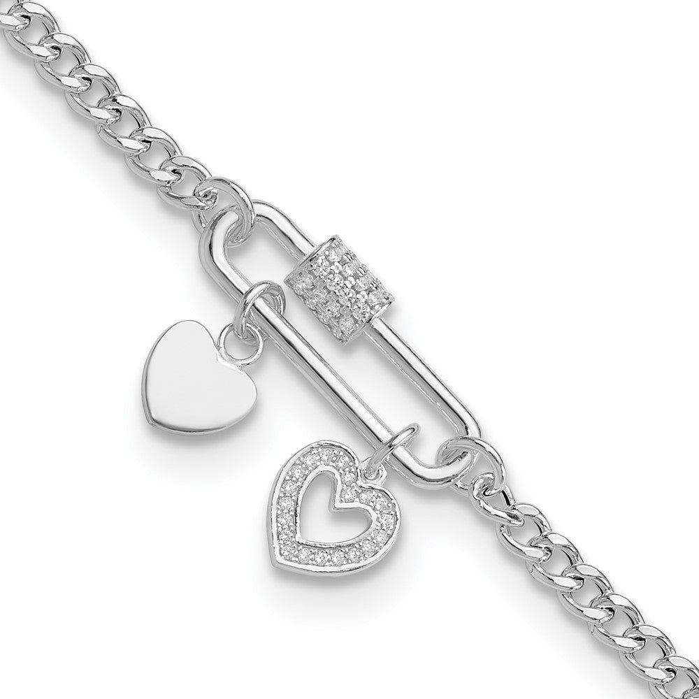 Sterling Silver Rhodium Plated CZ Heart Moveable 7in W/ 1in Ext Bracelet