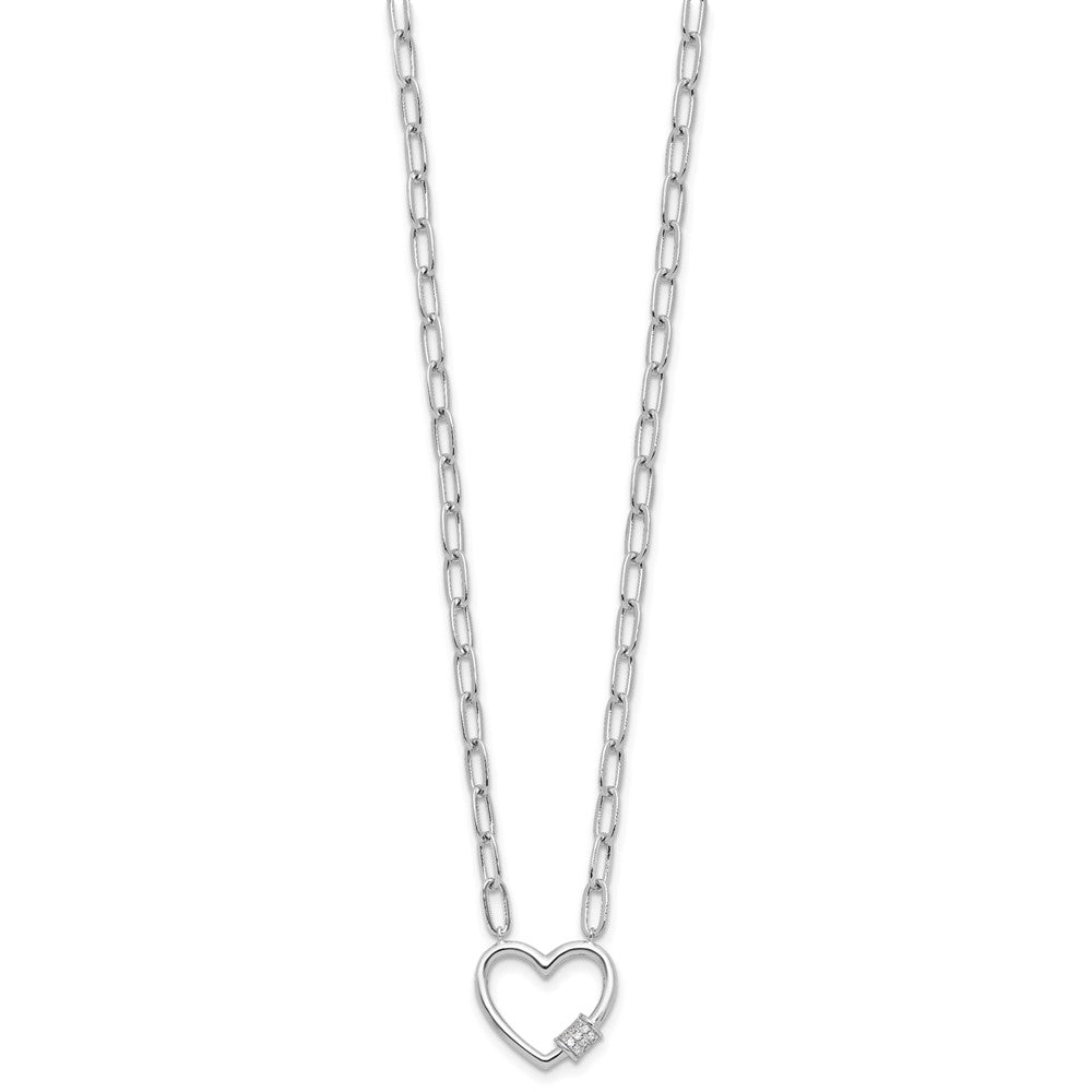 Sterling Silver Rhodium Plated CZ Heart Paperclip Link 16in w/2in Ext Necklace