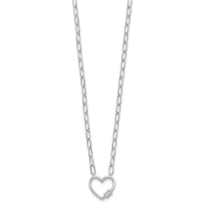 Sterling Silver Rhodium Plated CZ Heart Paperclip Link 16in w/2in Ext Necklace